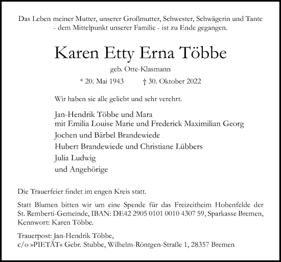 Traueranzeige von Karen Etty Erna Többe von Neue Osnabrücker Zeitung GmbH & Co. KG