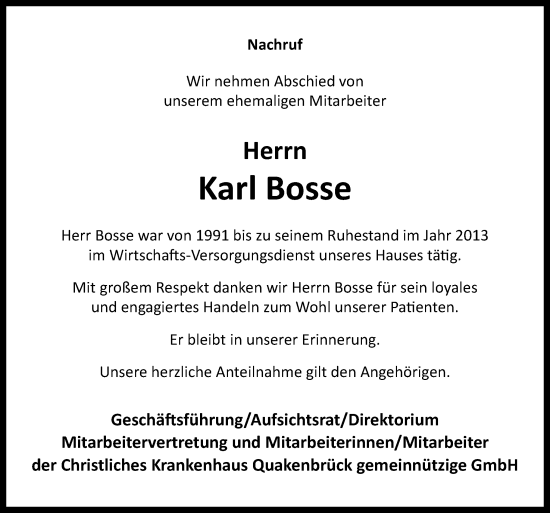 Traueranzeige von Karl Bosse von Neue Osnabrücker Zeitung GmbH & Co. KG