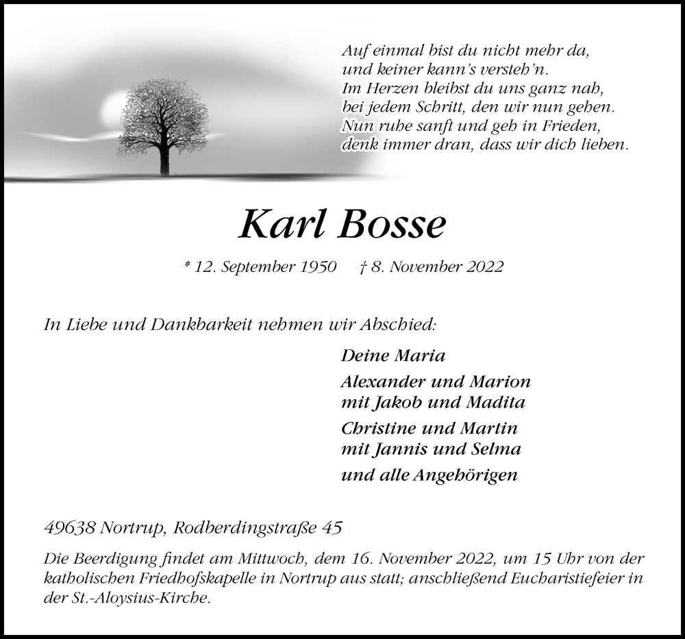  Traueranzeige für Karl Bosse vom 12.11.2022 aus Neue Osnabrücker Zeitung GmbH & Co. KG