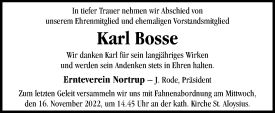 Traueranzeige von Karl Bosse von Neue Osnabrücker Zeitung GmbH & Co. KG