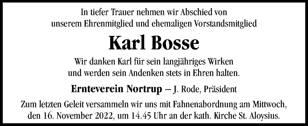  Traueranzeige für Karl Bosse vom 14.11.2022 aus Neue Osnabrücker Zeitung GmbH & Co. KG