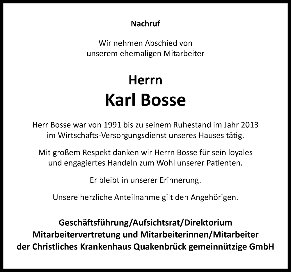  Traueranzeige für Karl Bosse vom 16.11.2022 aus Neue Osnabrücker Zeitung GmbH & Co. KG