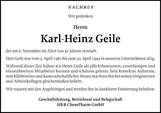 Traueranzeige von Karl-Heinz Geile von Neue Osnabrücker Zeitung GmbH & Co. KG