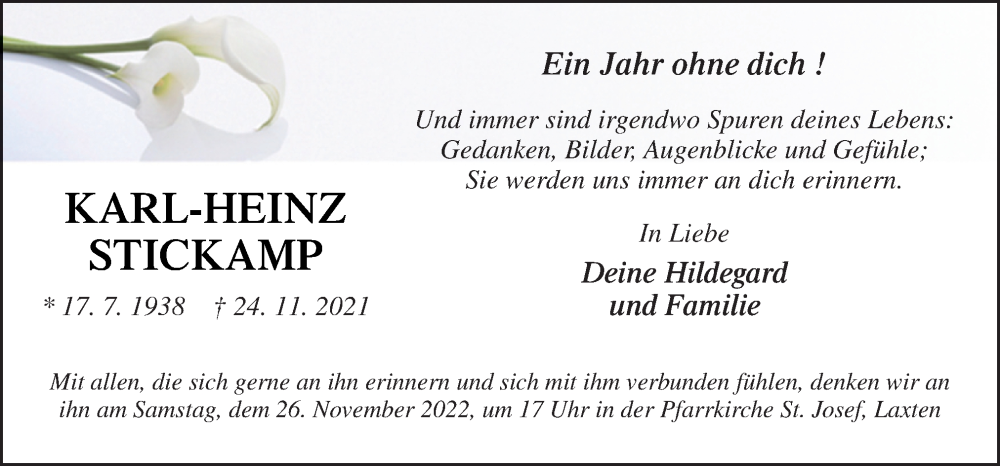  Traueranzeige für Karl-Heinz Stickamp vom 24.11.2022 aus Neue Osnabrücker Zeitung GmbH & Co. KG