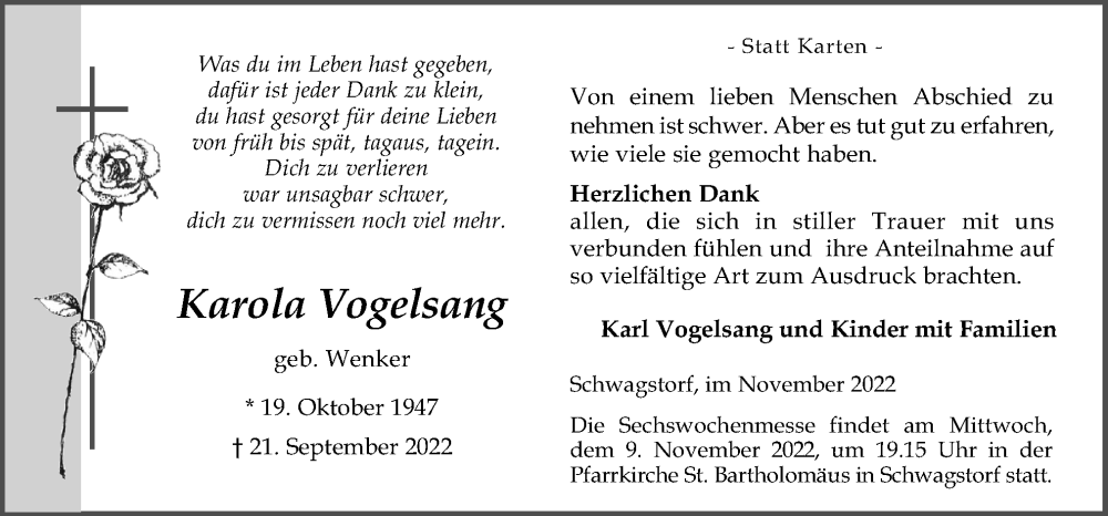  Traueranzeige für Karola Vogelsang vom 04.11.2022 aus Neue Osnabrücker Zeitung GmbH & Co. KG