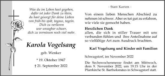 Traueranzeige von Karola Vogelsang von Neue Osnabrücker Zeitung GmbH & Co. KG