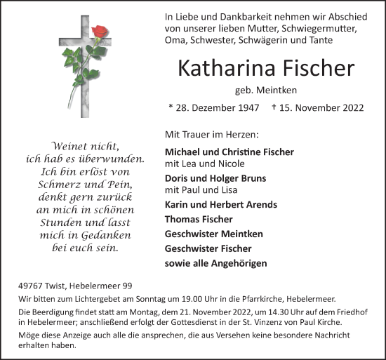 Traueranzeige von Katharina Fischer von Neue Osnabrücker Zeitung GmbH & Co. KG