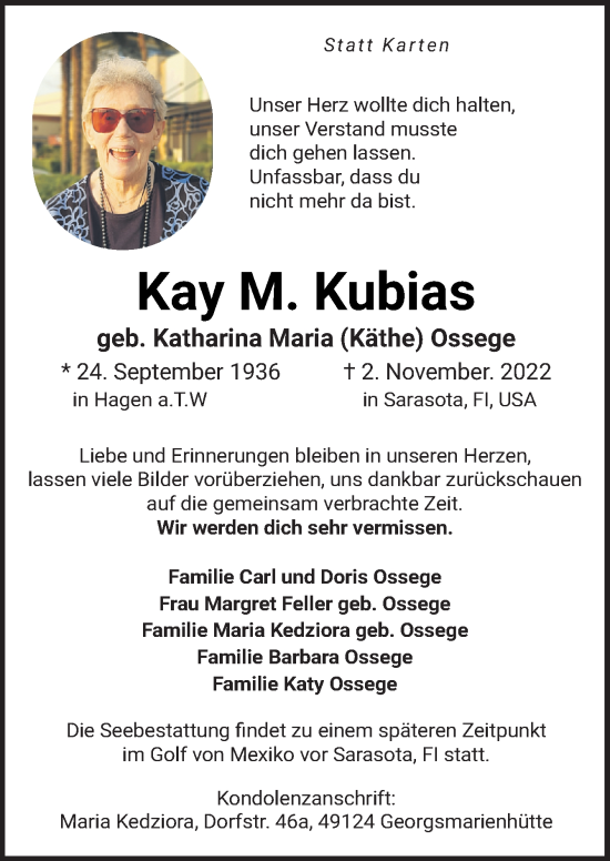 Traueranzeige von Katharina Maria Ossege von Neue Osnabrücker Zeitung GmbH & Co. KG