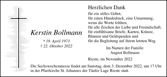 Traueranzeige von Kerstin Bollmann von Neue Osnabrücker Zeitung GmbH & Co. KG
