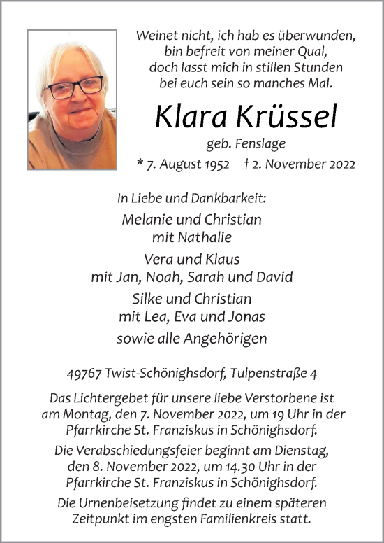 Traueranzeige von Klara Krüssel von Neue Osnabrücker Zeitung GmbH & Co. KG