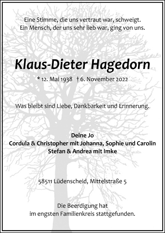 Traueranzeige von Klaus-Dieter Hagedorn von Neue Osnabrücker Zeitung GmbH & Co. KG