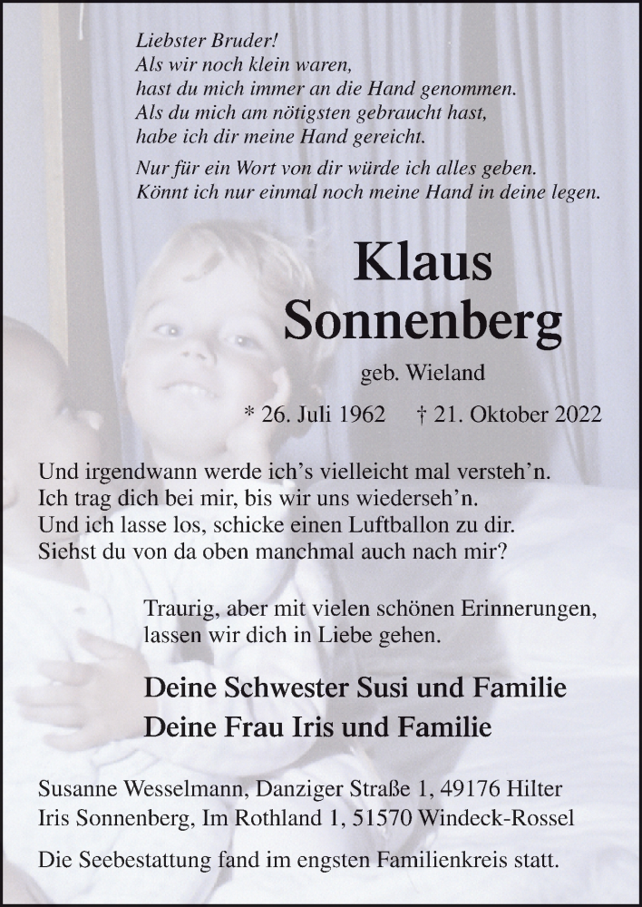  Traueranzeige für Klaus Sonnenberg vom 12.11.2022 aus Neue Osnabrücker Zeitung GmbH & Co. KG