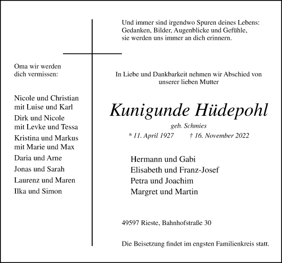 Traueranzeige von Kunigunde Hüdepohl von Neue Osnabrücker Zeitung GmbH & Co. KG