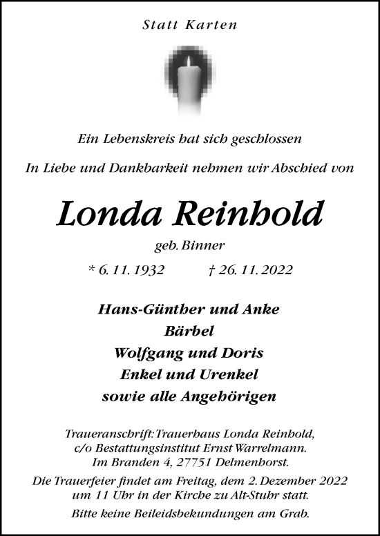 Traueranzeige von Londa Reinhold von DK Medien GmbH & Co. KG