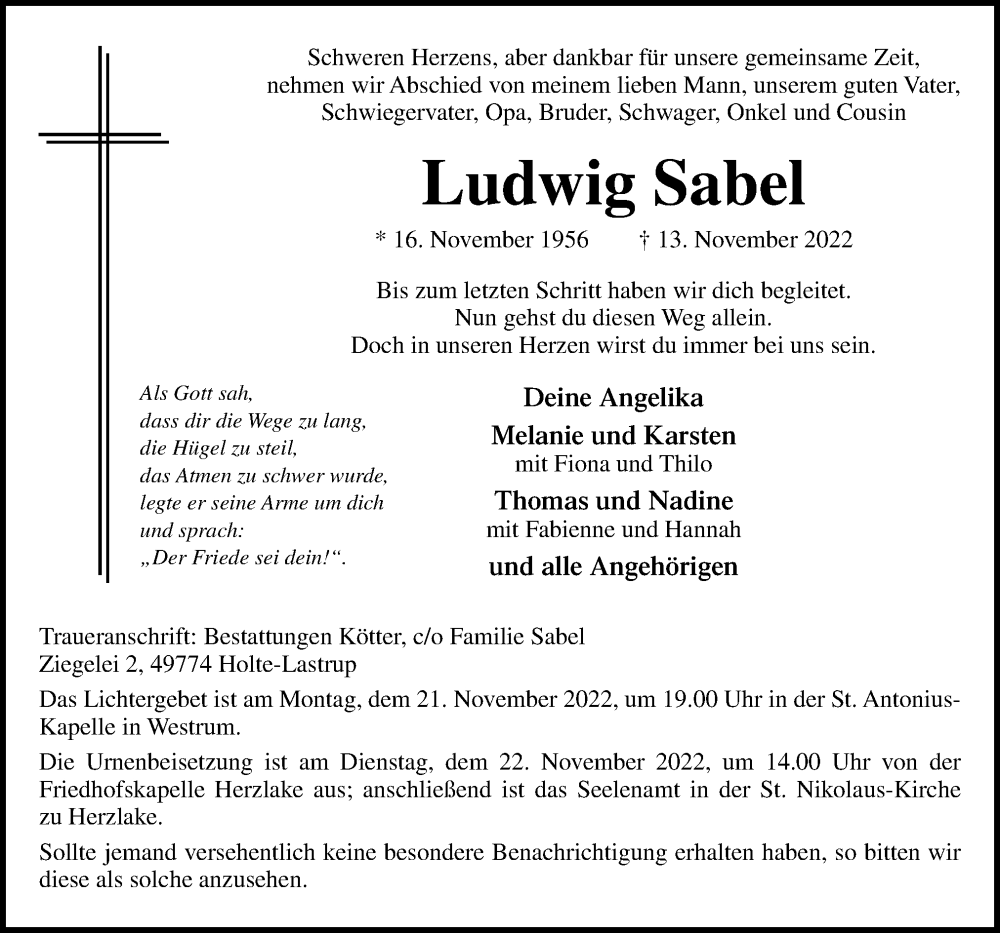  Traueranzeige für Ludwig Sabel vom 19.11.2022 aus Neue Osnabrücker Zeitung GmbH & Co. KG