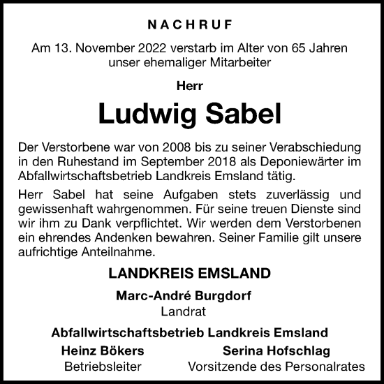 Traueranzeige von Ludwig Sabel von Neue Osnabrücker Zeitung GmbH & Co. KG