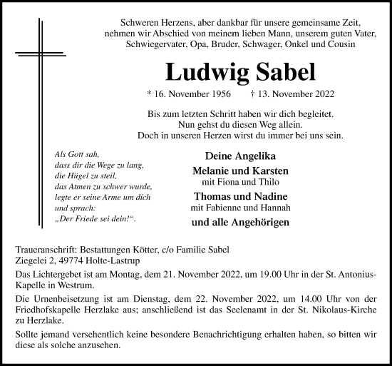 Traueranzeige von Ludwig Sabel von Neue Osnabrücker Zeitung GmbH & Co. KG
