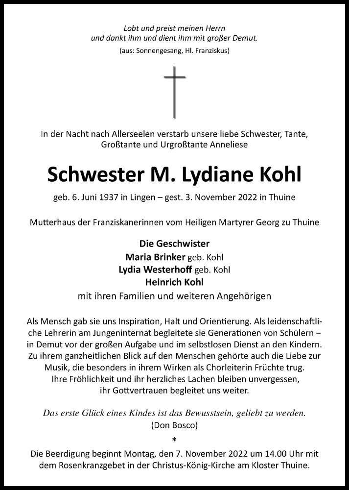  Traueranzeige für Lydiane Kohl vom 05.11.2022 aus Neue Osnabrücker Zeitung GmbH & Co. KG