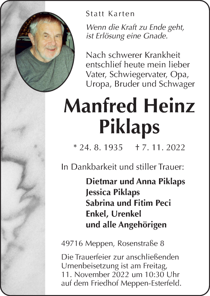  Traueranzeige für Manfred Heinz Piklaps vom 09.11.2022 aus Neue Osnabrücker Zeitung GmbH & Co. KG