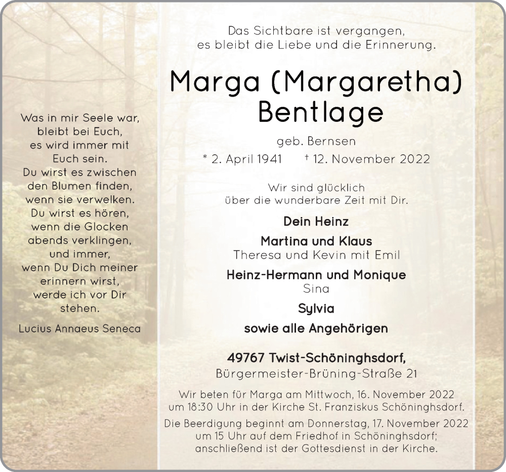  Traueranzeige für Marga (Margaretha) Bentlage vom 15.11.2022 aus Neue Osnabrücker Zeitung GmbH & Co. KG