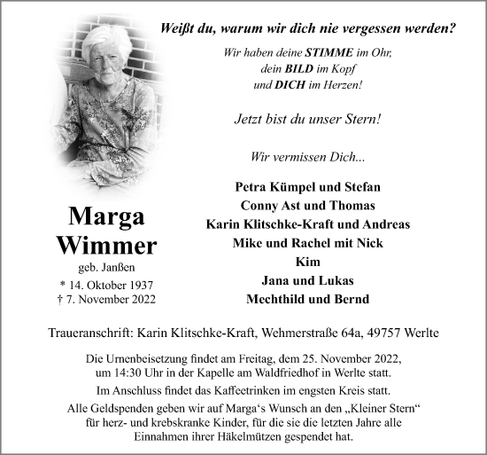 Traueranzeige von Marga Wimmer von Neue Osnabrücker Zeitung GmbH & Co. KG