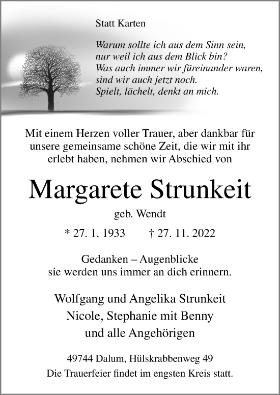 Traueranzeige von Margarete Strunkeit von Neue Osnabrücker Zeitung GmbH & Co. KG