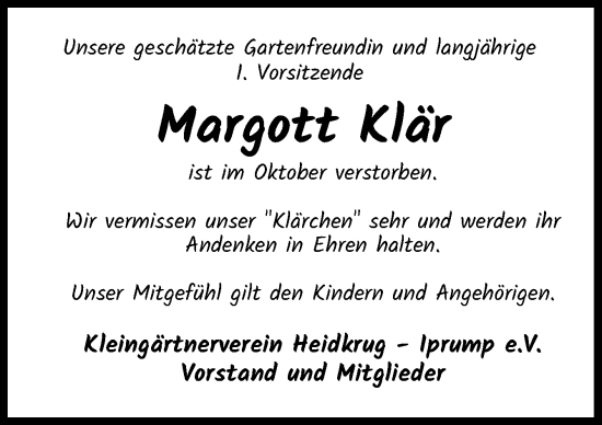 Traueranzeige von Margott Klär von DK Medien GmbH & Co. KG