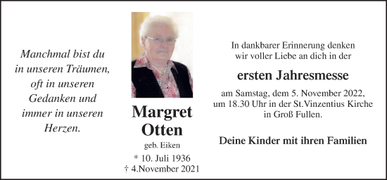 Traueranzeige von Margret Otten von Neue Osnabrücker Zeitung GmbH & Co. KG