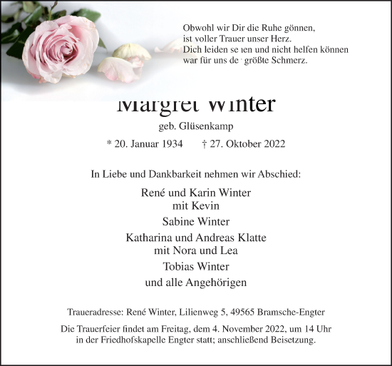 Traueranzeige von Margret Winter von Neue Osnabrücker Zeitung GmbH & Co. KG