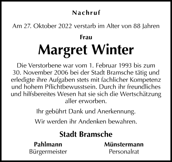 Traueranzeige von Margret Winter von Neue Osnabrücker Zeitung GmbH & Co. KG