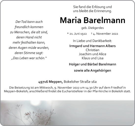 Traueranzeige von Maria Barelmann von Neue Osnabrücker Zeitung GmbH & Co. KG