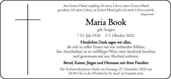 Traueranzeige von Maria Book von Neue Osnabrücker Zeitung GmbH & Co. KG