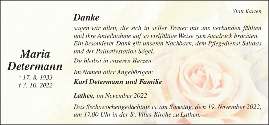 Traueranzeige von Maria Determann von Neue Osnabrücker Zeitung GmbH & Co. KG