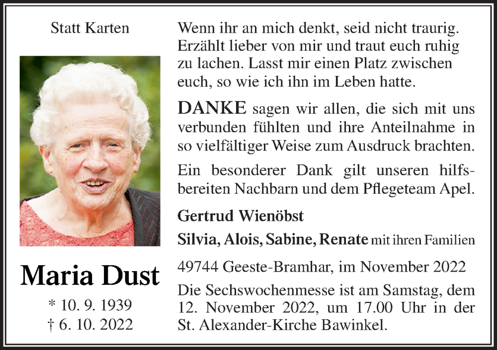  Traueranzeige für Maria Dust vom 11.11.2022 aus Neue Osnabrücker Zeitung GmbH & Co. KG