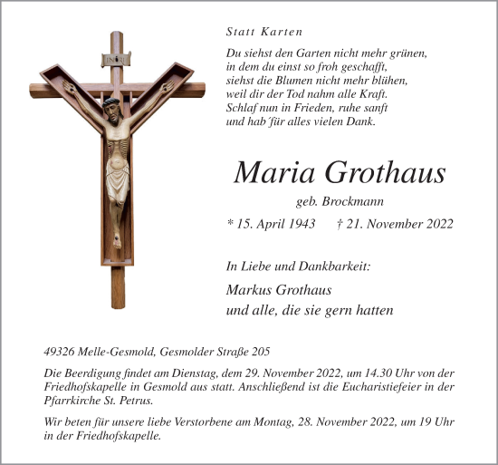Traueranzeige von Maria Grothaus von Neue Osnabrücker Zeitung GmbH & Co. KG