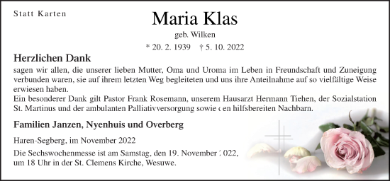 Traueranzeige von Maria Klas von Neue Osnabrücker Zeitung GmbH & Co. KG