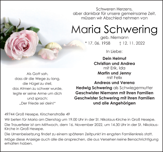 Traueranzeige von Maria Schwering von Neue Osnabrücker Zeitung GmbH & Co. KG