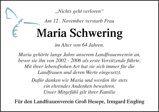 Traueranzeige von Maria Schwering von Neue Osnabrücker Zeitung GmbH & Co. KG