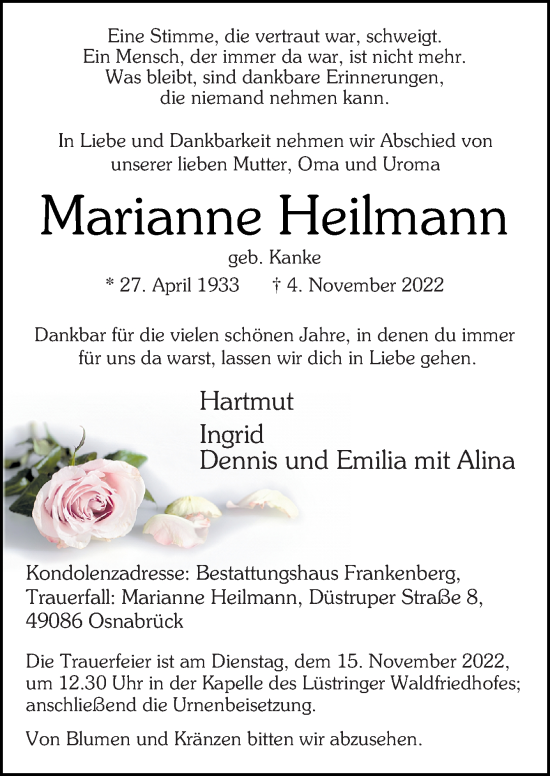 Traueranzeige von Marianne Heilmann von Neue Osnabrücker Zeitung GmbH & Co. KG