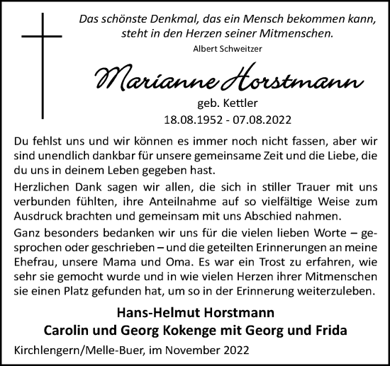 Traueranzeige von Marianne Horstmann von Neue Osnabrücker Zeitung GmbH & Co. KG