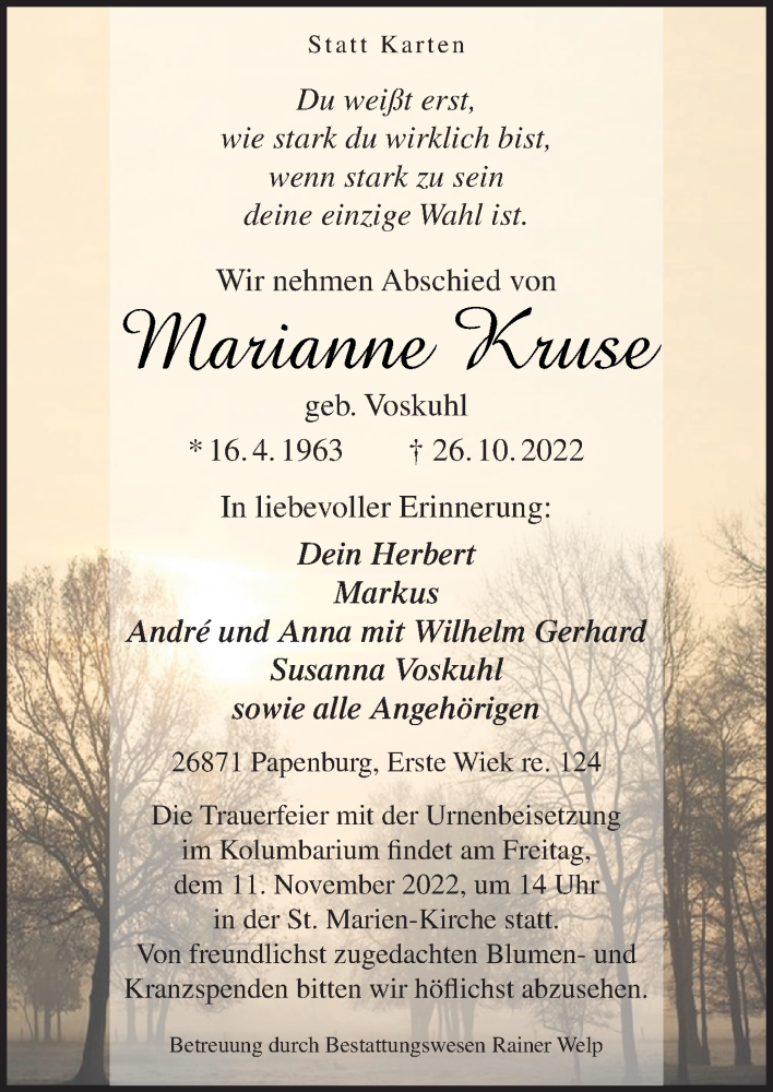  Traueranzeige für Marianne Kruse vom 05.11.2022 aus Neue Osnabrücker Zeitung GmbH & Co. KG