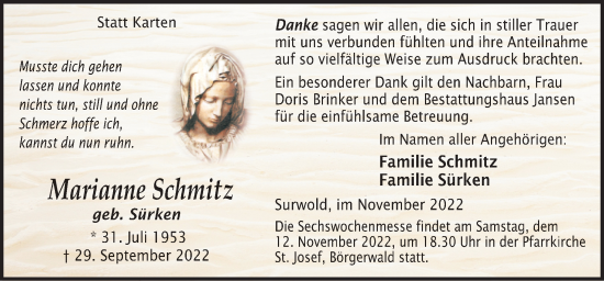 Traueranzeige von Marianne Schmitz von Neue Osnabrücker Zeitung GmbH & Co. KG