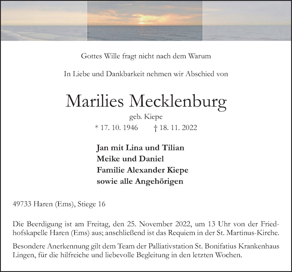  Traueranzeige für Marilies Mecklenburg vom 21.11.2022 aus Neue Osnabrücker Zeitung GmbH & Co. KG