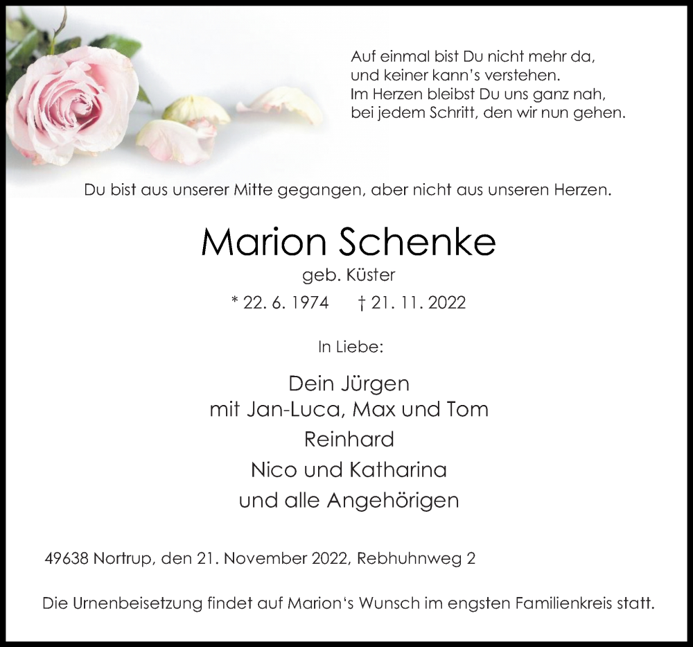  Traueranzeige für Marion Schenke vom 24.11.2022 aus Neue Osnabrücker Zeitung GmbH & Co. KG