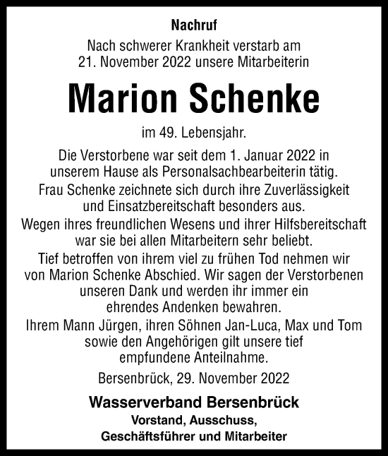 Traueranzeige von Marion Schenke von Neue Osnabrücker Zeitung GmbH & Co. KG