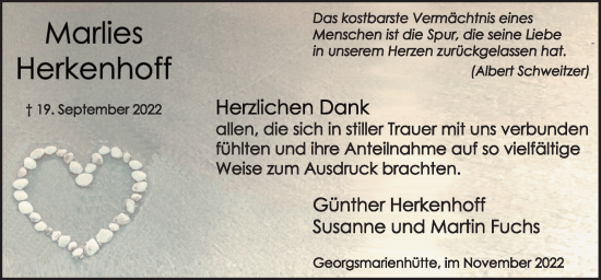 Traueranzeige von Marlies Herkenhoff von Neue Osnabrücker Zeitung GmbH & Co. KG