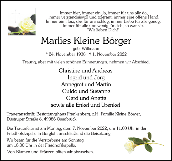 Traueranzeige von Marlies Kleine Börger von Neue Osnabrücker Zeitung GmbH & Co. KG