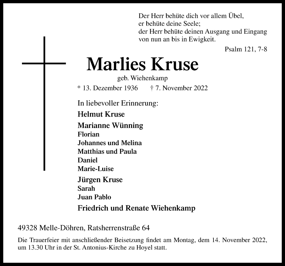  Traueranzeige für Marlies Kruse vom 10.11.2022 aus Neue Osnabrücker Zeitung GmbH & Co. KG