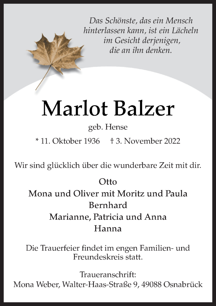  Traueranzeige für Marlot Balzer vom 05.11.2022 aus DK Medien GmbH & Co. KG