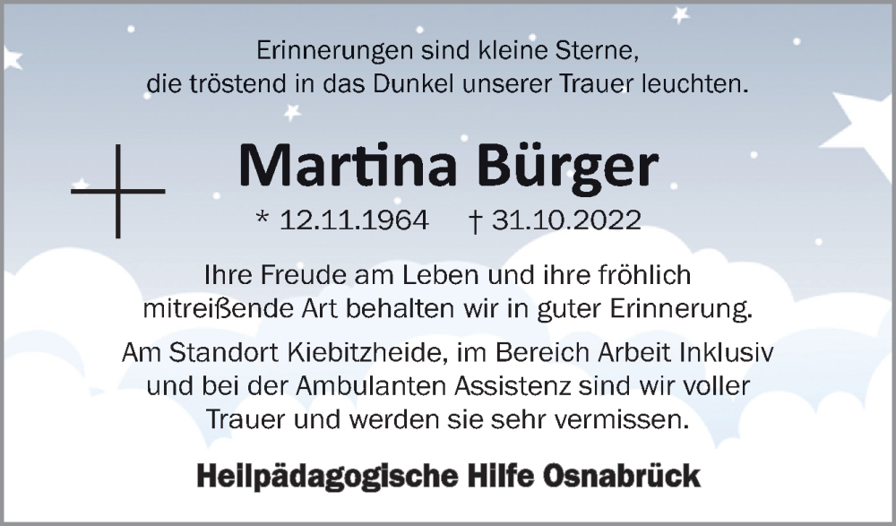  Traueranzeige für Martina Bürger vom 26.11.2022 aus Neue Osnabrücker Zeitung GmbH & Co. KG
